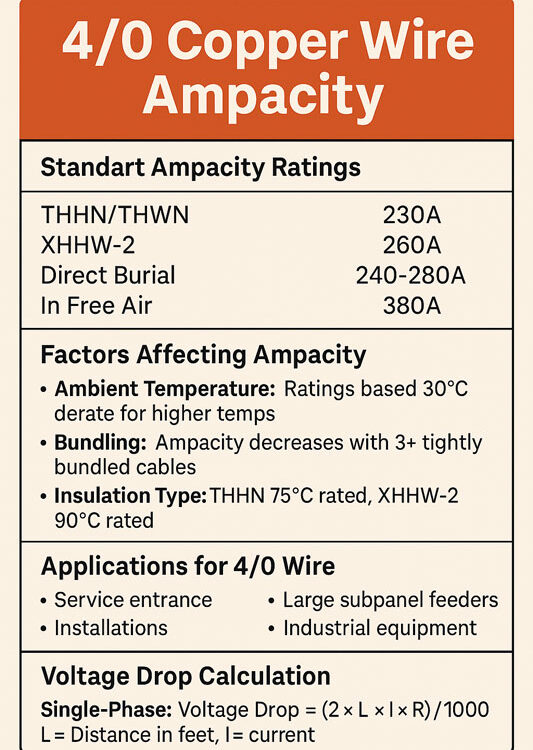 What is the Ampacity of 4/0 Copper Wire?